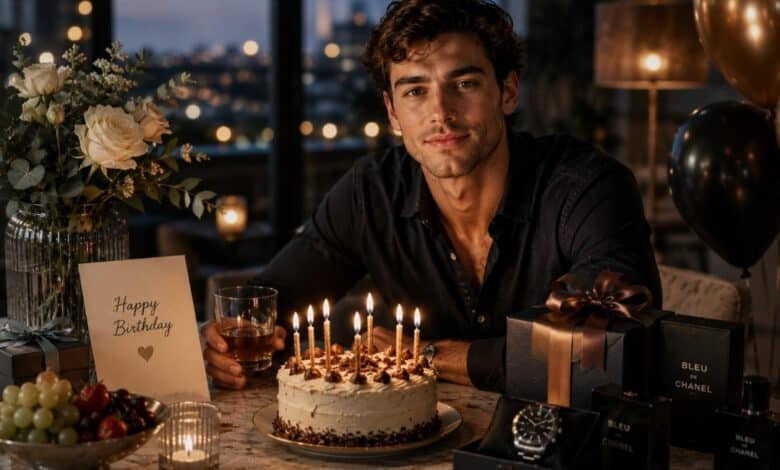 Birthday wishes for adult son with a stylish celebration scene, cake, thoughtful gifts, watch, birthday card, and warm parent message ideas