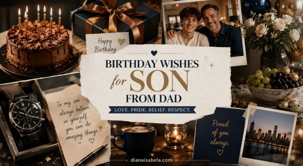 Birthday wishes for son from dad with father and son celebration details, birthday cake, thoughtful gift, watch, handwritten note, and proud message ideas