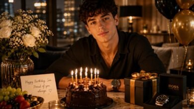 Birthday wishes for son from dad with a proud father-to-son birthday note, cake, watch, gift box, balloons, and warm celebration mood