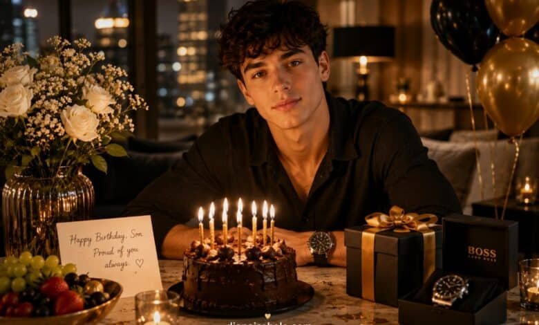 Birthday wishes for son from dad with a proud father-to-son birthday note, cake, watch, gift box, balloons, and warm celebration mood