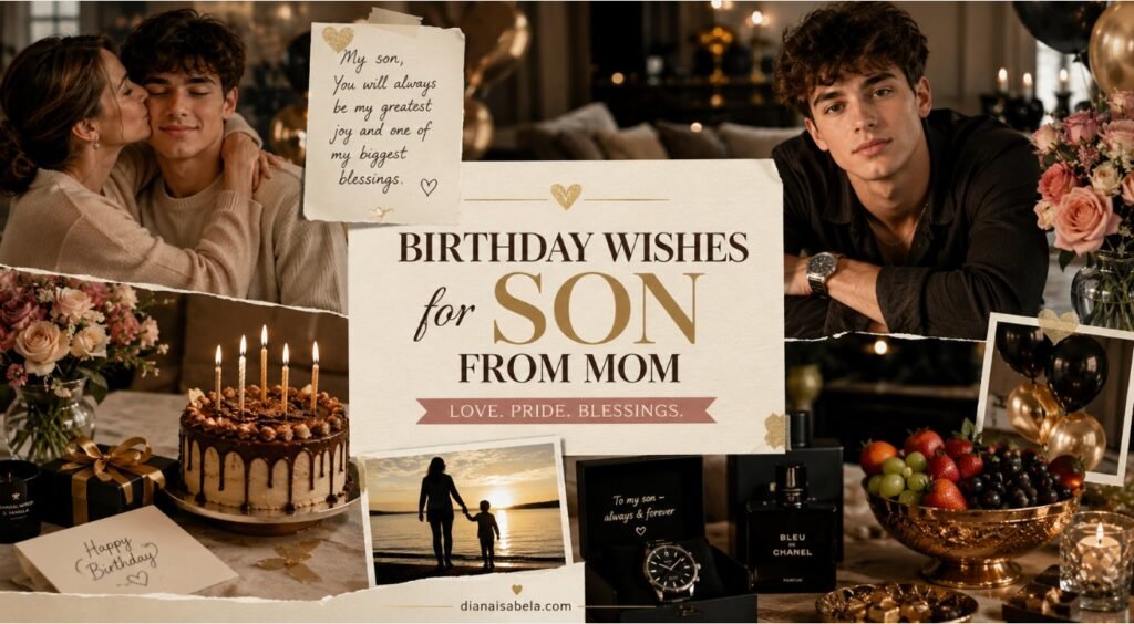 Birthday wishes for son from mom with loving mother-to-son message ideas, birthday cake, thoughtful gifts, flowers, balloons, and family celebration warmth