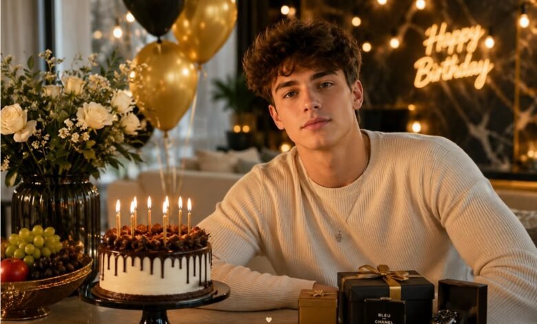 Birthday wishes for son from mom with a warm celebration scene, birthday cake, thoughtful gifts, flowers, balloons, and loving mother-to-son message ideas
