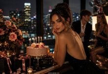 Glamorous youth fashion magazine style birthday cover with stylish girl, cake, candles, friends, flowers, gifts, and city-night luxury mood