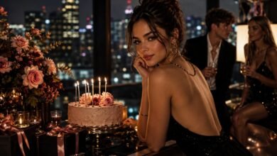 Glamorous youth fashion magazine style birthday cover with stylish girl, cake, candles, friends, flowers, gifts, and city-night luxury mood