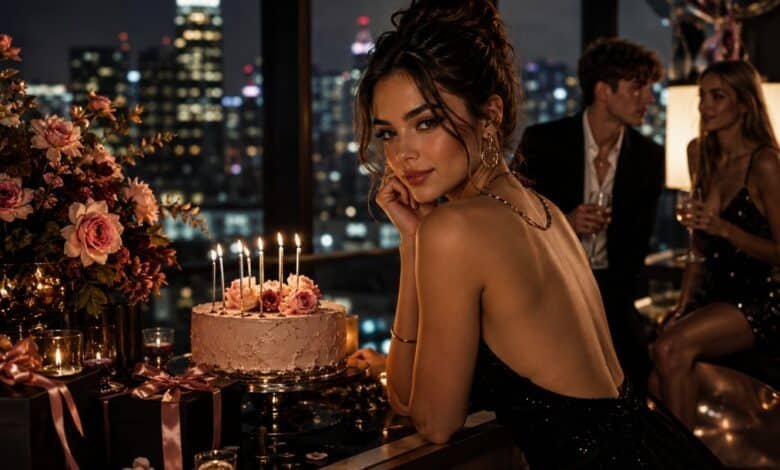 Glamorous youth fashion magazine style birthday cover with stylish girl, cake, candles, friends, flowers, gifts, and city-night luxury mood