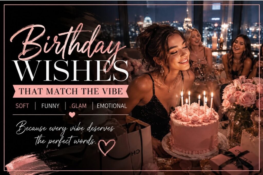 Birthday Wishes That Match the Vibe: Soft, Funny, Glam, or Emotional 2 Glamorous youth magazine birthday wishes banner with stylish friends, centered title text, birthday cake, candles, party decor, and city rooftop mood