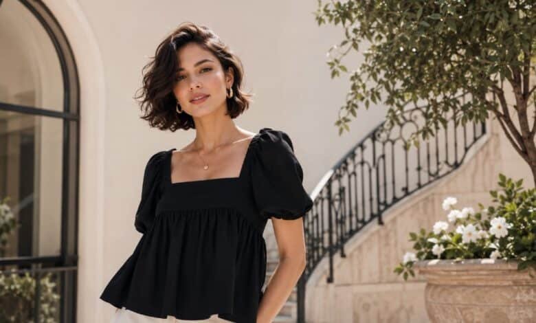 Woman wearing a black babydoll top with cream trousers in a clean elegant courtyard outfit