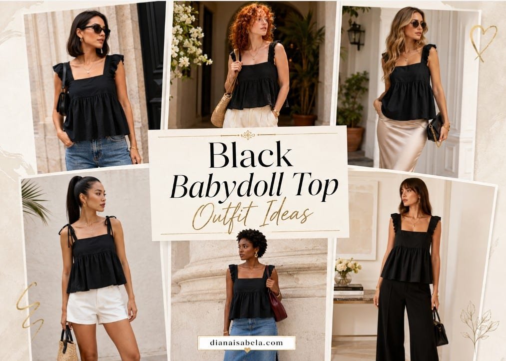 Editorial collage of different women wearing black babydoll tops in chic outfit ideas