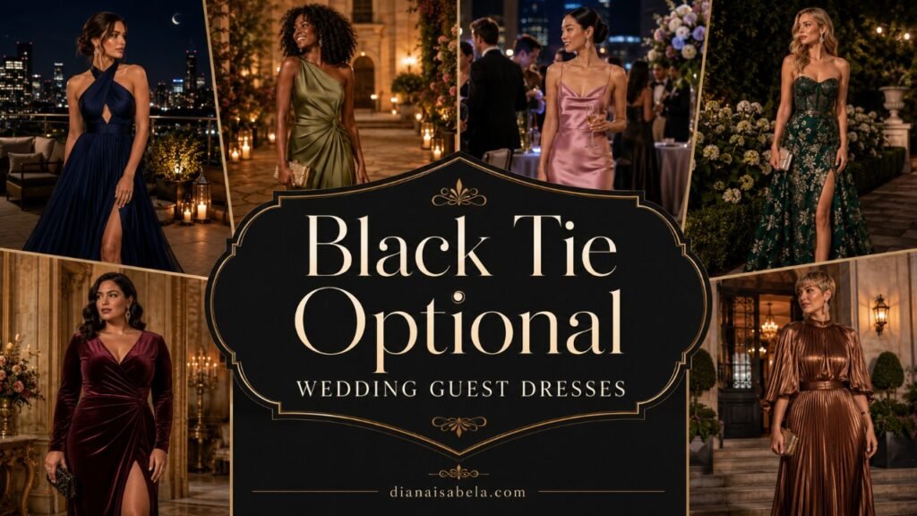 Collage banner with black tie optional wedding guest dresses, featuring diverse women in elegant gowns, formal midi dresses, and evening wedding guest looks