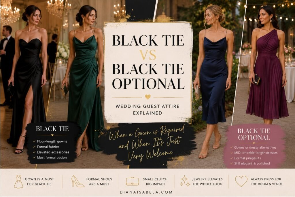 Collage banner comparing black tie and black tie optional wedding guest attire with women in formal gowns, dressy midi dresses, and elegant evening outfits