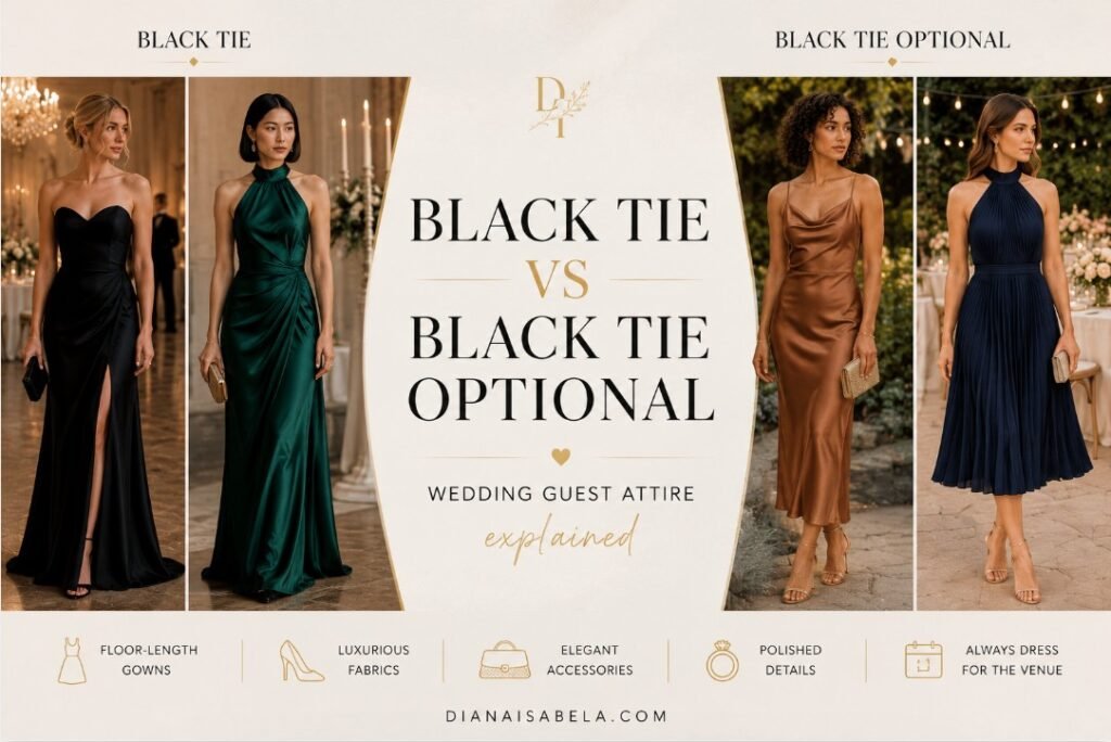 Black tie vs black tie optional wedding guest attire collage with different women in floor length gowns, satin dresses, formal midi dresses, and elegant evening outfits
