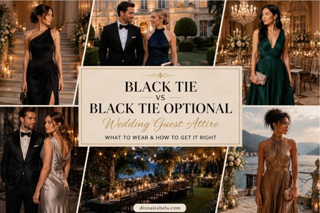 What to Wear to a Black Tie Optional Wedding: A Guest Outfit Guide 2 Black tie vs black tie optional wedding guest attire guide with formal gowns, tuxedos, elegant accessories, and evening wedding styling