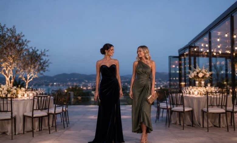 Two women wearing black tie and black tie optional wedding guest dresses at an elegant rooftop evening reception