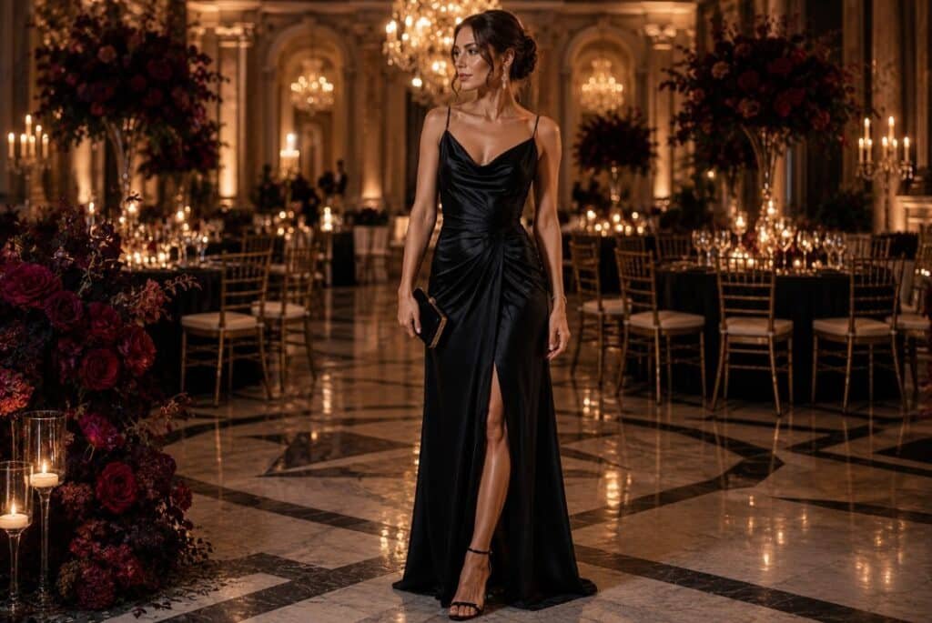 Elegant black tie wedding guest in a black satin evening gown inside a grand candlelit ballroom with chandeliers and dark florals