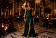 Black tie wedding guest in an emerald satin evening gown with curly hair inside a candlelit luxury ballroom