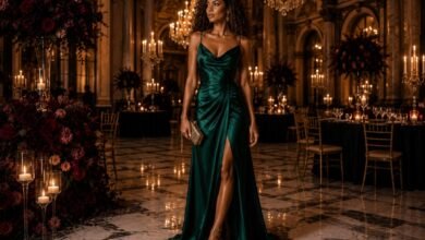 Black tie wedding guest in an emerald satin evening gown with curly hair inside a candlelit luxury ballroom