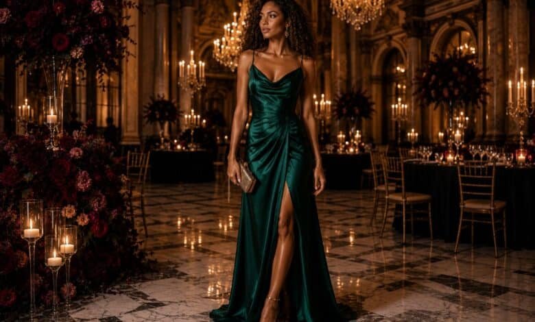 Black tie wedding guest in an emerald satin evening gown with curly hair inside a candlelit luxury ballroom