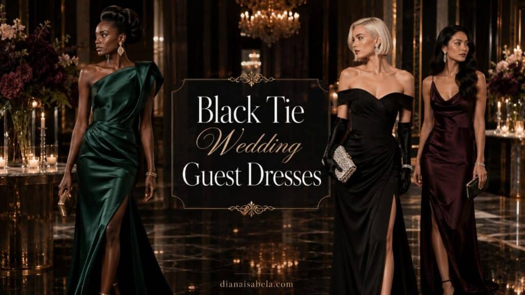 Black tie wedding guest dresses banner with diverse women in emerald, black, and burgundy evening gowns inside a grand candlelit ballroom