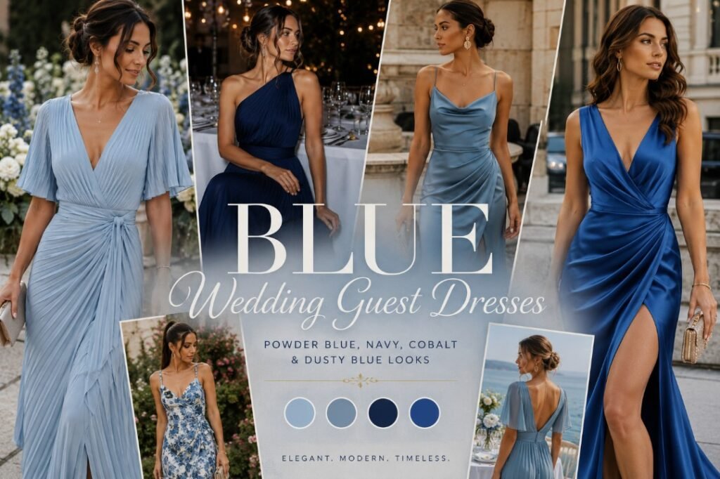Blue Wedding Guest Dresses: Soft, Elegant, and Photogenic Wedding Looks 2 Blue wedding guest dresses editorial collage with women wearing powder blue, navy, cobalt, and dusty blue dresses