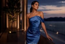 Elegant woman in a blue satin wedding guest dress on a luxury evening balcony