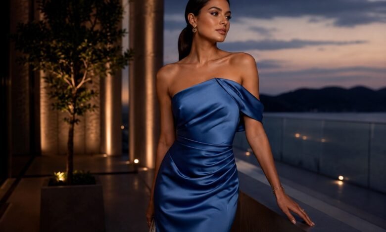 Elegant woman in a blue satin wedding guest dress on a luxury evening balcony