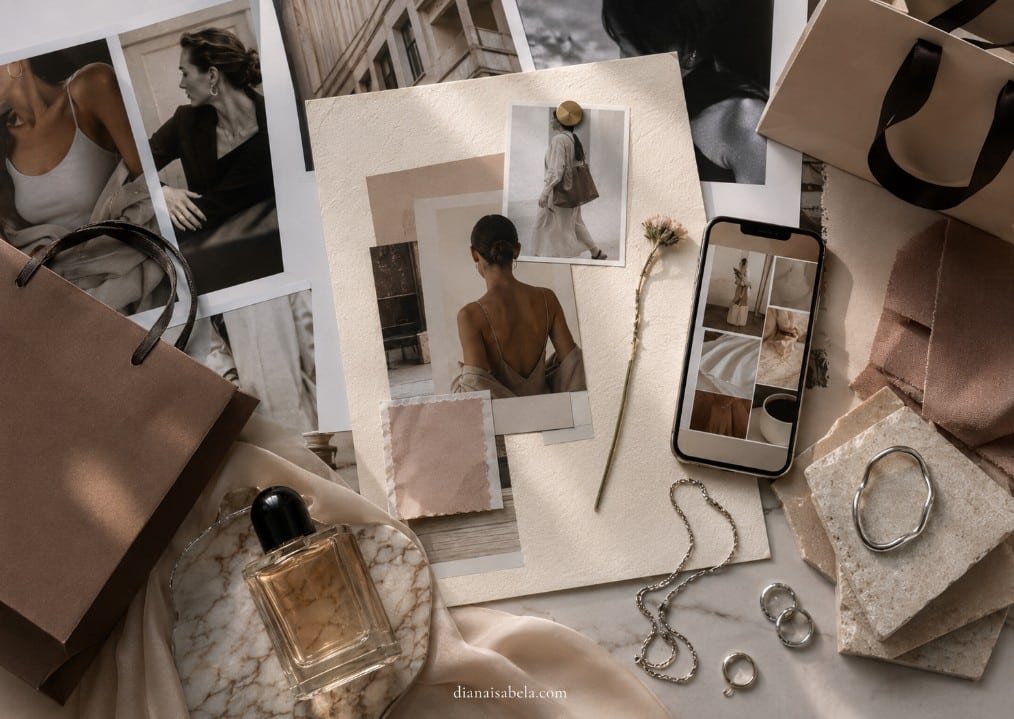 Neutral fashion moodboard with magazine photos, shopping bags, perfume, jewelry, fabric swatches, phone images, and aesthetic brand identity details