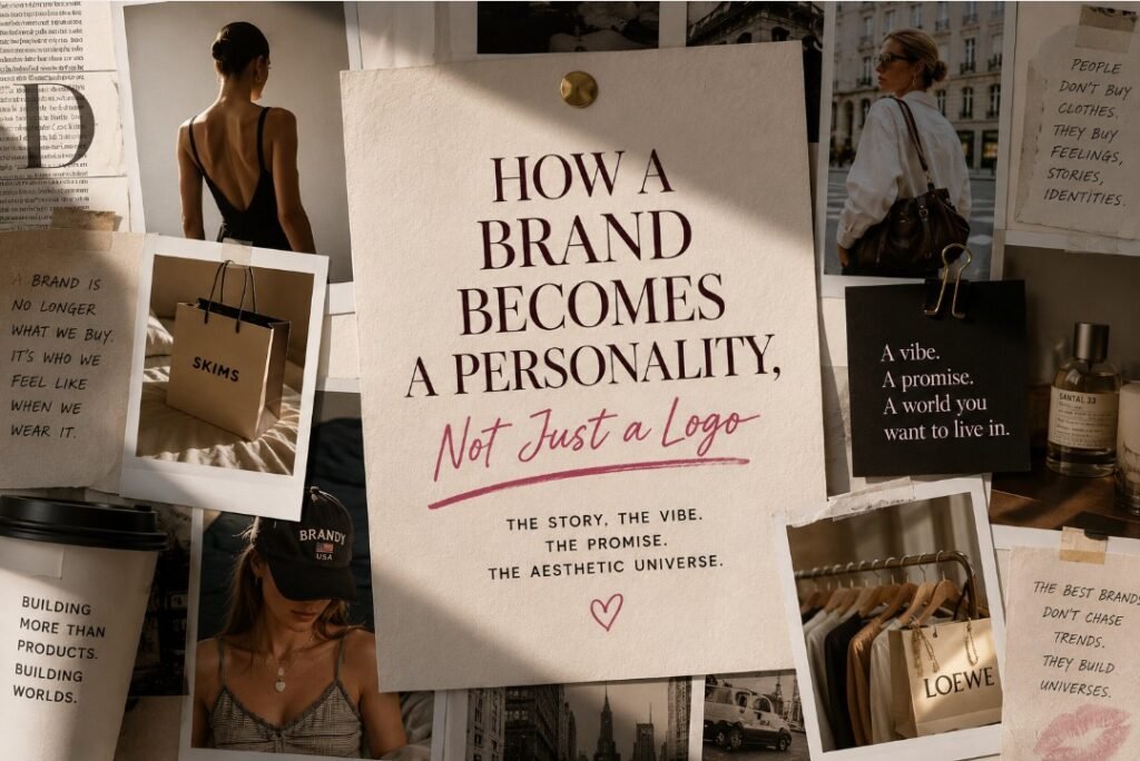 Editorial fashion moodboard about brand personality with magazine clippings, brand story notes, aesthetic universe quotes, shopping bags, perfume, and fashion imagery