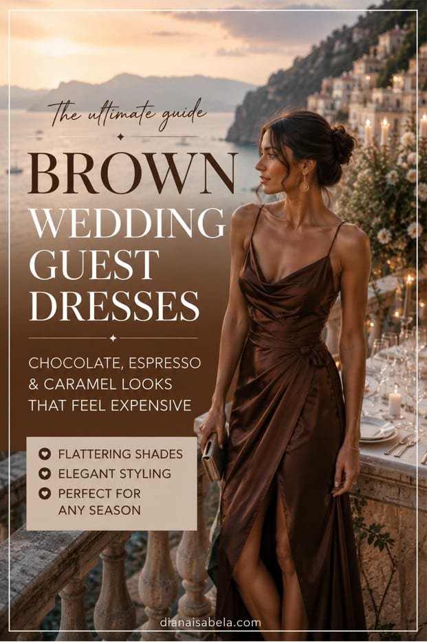 Brown Wedding Guest Dresses: Chocolate, Espresso and Caramel Looks That Feel Expensive 3 Brown wedding guest dresses styled in chocolate, espresso, and caramel tones for elegant wedding looks