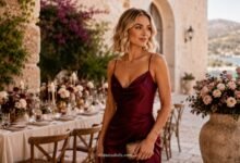 Burgundy wedding guest dress styled with wine-red satin for an elegant Mediterranean wedding celebration