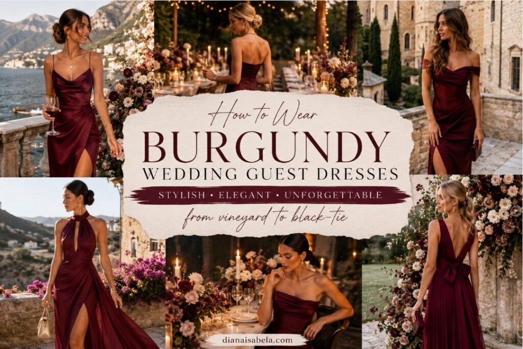 Burgundy wedding guest dresses styled in wine-red, merlot, and oxblood shades for elegant wedding celebrations