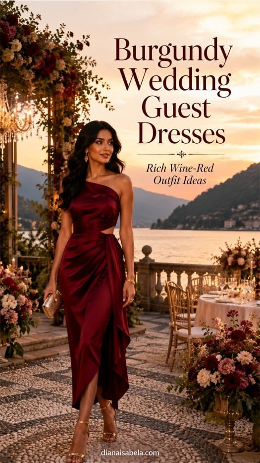 Burgundy wedding guest dresses styled with rich wine-red color for elegant lake, vineyard, and evening wedding looks