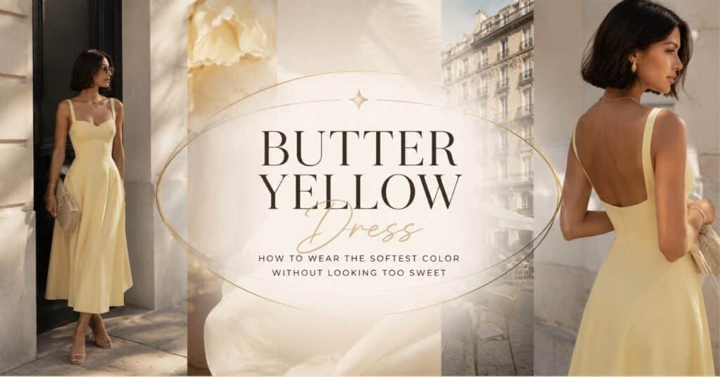 Butter yellow dress banner with a stylish woman in a soft yellow midi dress, Paris street style, elegant typography, and warm fashion editorial mood