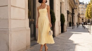 Stylish woman in a butter yellow midi dress with gold sandals on an elegant Paris street in soft sunlight