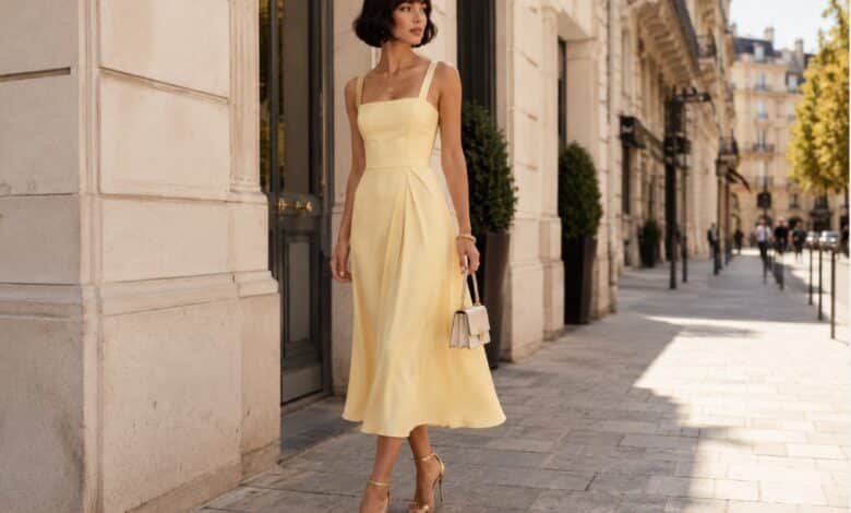Stylish woman in a butter yellow midi dress with gold sandals on an elegant Paris street in soft sunlight