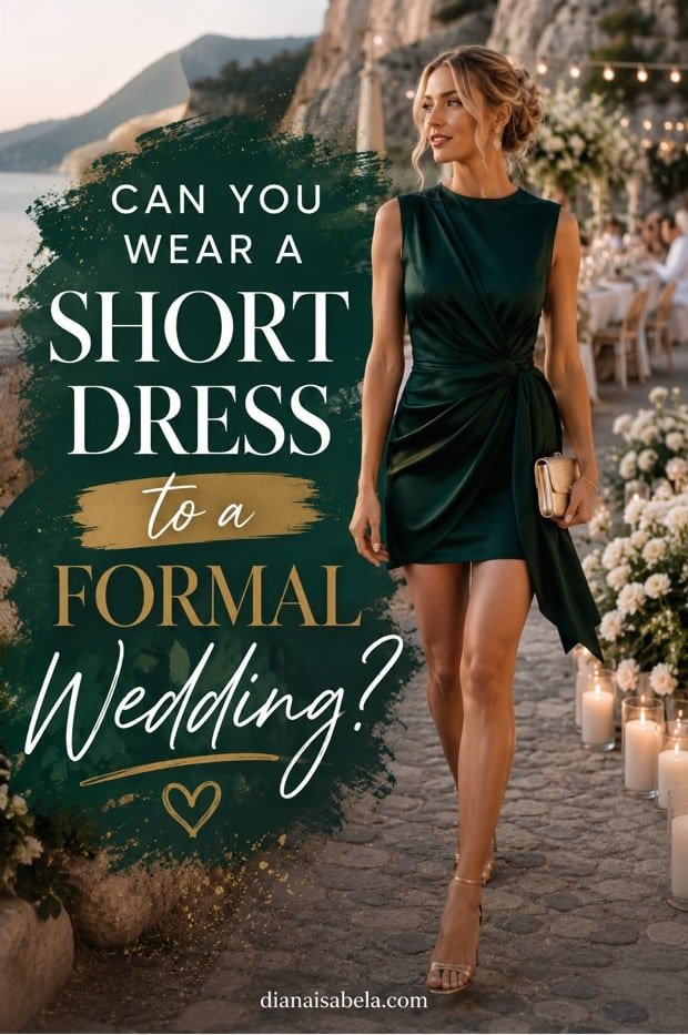 Short formal wedding guest dress styled with emerald satin, gold accessories, and elegant evening celebration details