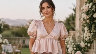 Woman wearing a blush satin babydoll top in an elegant garden wedding guest setting