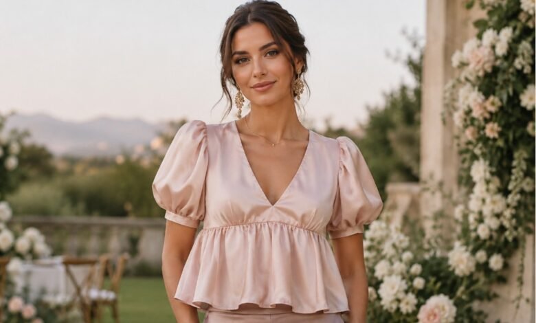 Woman wearing a blush satin babydoll top in an elegant garden wedding guest setting