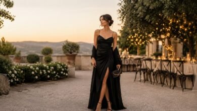Black wedding guest dress styled for an elegant evening celebration with a soft shawl, refined clutch, warm lighting, and polished reception-ready details