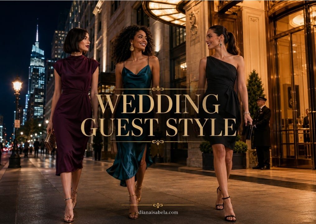 Wedding guest style banner with stylish women in plum, teal, and black dresses walking outside a luxury city hotel at night