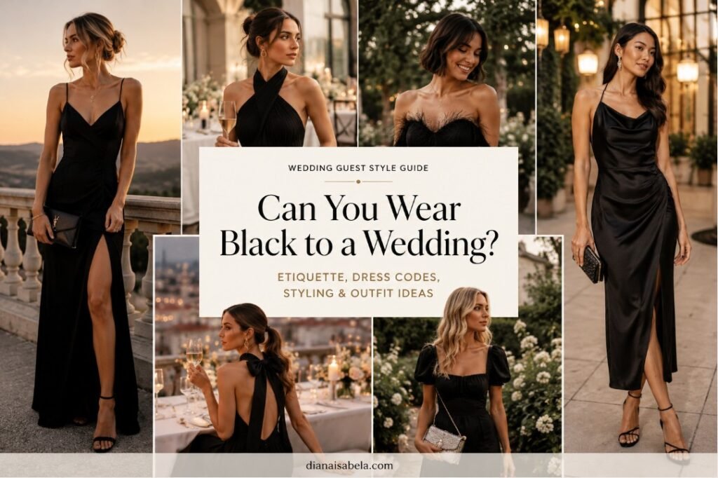 Black wedding guest dress style guide with elegant outfit ideas for etiquette, dress codes, accessories, and wedding-appropriate black dress styling