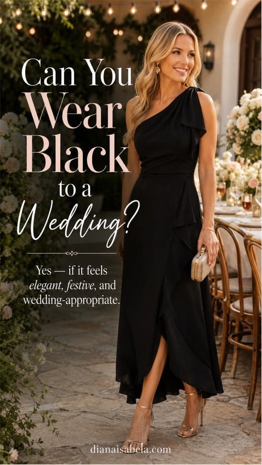Black wedding guest dress styling guide with elegant accessories, warm celebration details, and etiquette advice for wearing black appropriately