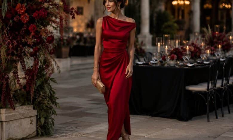 Woman in an elegant red satin wedding guest dress at an evening garden wedding reception