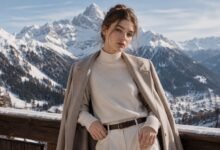 Young fashion model wearing a cream cashmere sweater and neutral coat, showing elegant winter knitwear styling