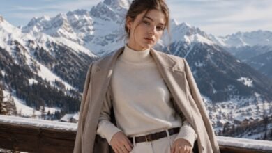 Young fashion model wearing a cream cashmere sweater and neutral coat, showing elegant winter knitwear styling