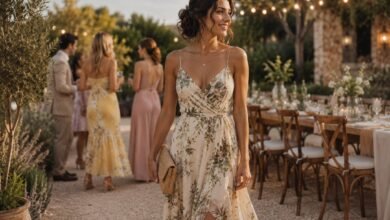 Woman wearing a casual floral wedding guest dress at a warm outdoor garden reception