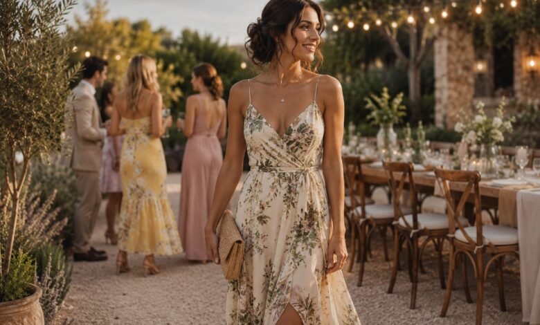 Woman wearing a casual floral wedding guest dress at a warm outdoor garden reception