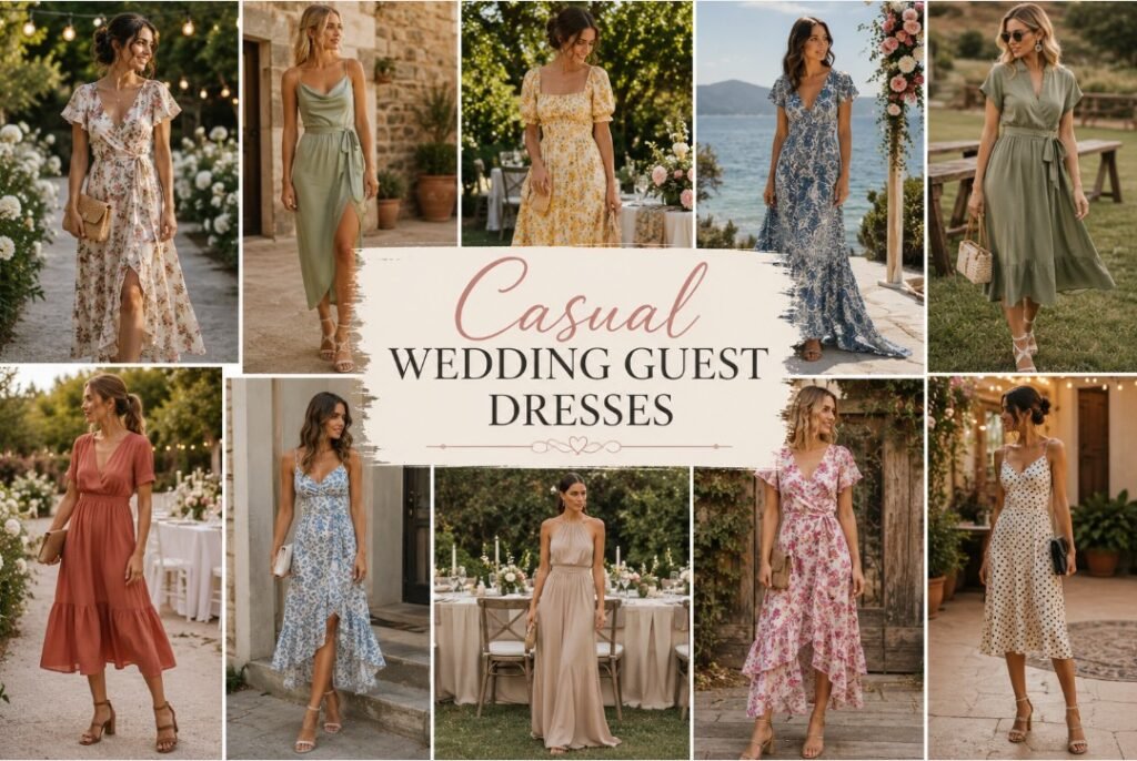Casual Wedding Guest Dresses: How to Look Relaxed, Pretty, and Still Wedding-Ready 2 Collage banner with casual wedding guest dresses, featuring different women in relaxed floral, linen, midi, maxi, and summer wedding guest outfits