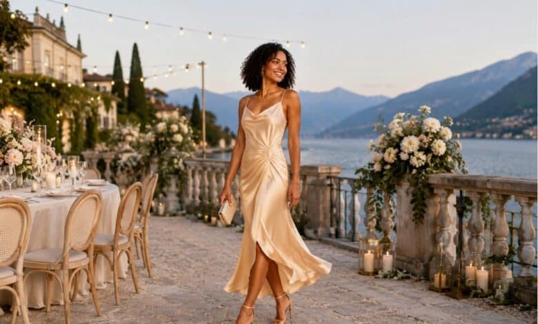 Champagne wedding guest dress styled with warm metallic accessories for an elegant lakeside wedding celebration
