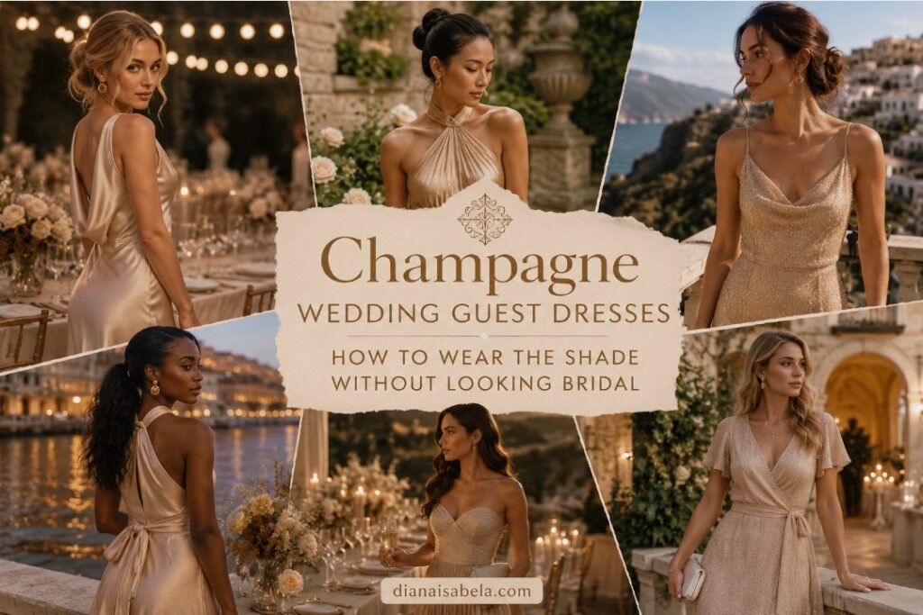 Champagne wedding guest dresses styled with warm metallic tones, textured fabrics, and elegant contrast for refined wedding looks