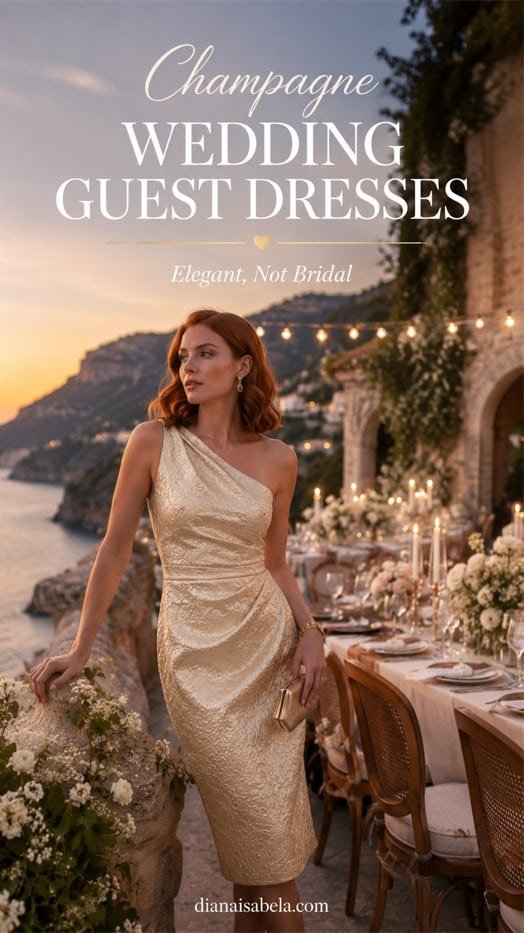 Champagne wedding guest dresses styled with warm metallic tones and elegant contrast for polished wedding looks